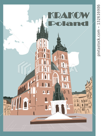 Vintage travel poster of Krakow, Poland featuring the historic St. Marys Basilica under a pastel sky. Concept of tourism, architecture and European cultural heritage Vintage travel poster of Krakow, Poland featuring the historic St. Marys Basilica under a pastel sky. Concept of tourism, architecture and European cultural heritage 132616986