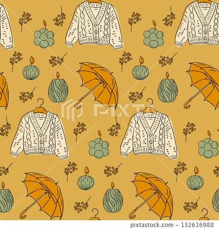 Cozy autumn seamless pattern with sweaters, umbrellas, candles and twigs in warm earthy tones. Concept of hygge lifestyle, comfort and seasonal relaxation 132616988