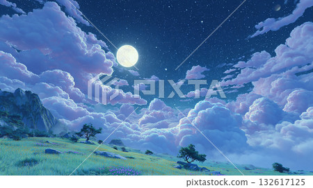 山坡上的樹木和夜空中的雲：奇幻插畫 132617125