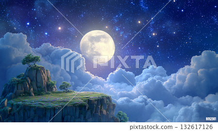 滿月高懸，星星閃爍的夜空：朵朵白雲飄蕩，構成一幅奇幻的景象。 132617126