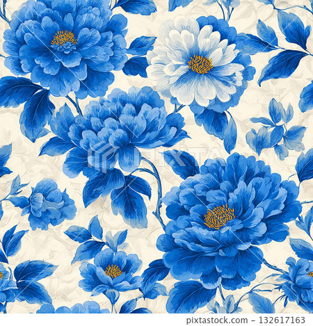 日式/中式風格的裝飾背景：藍色牡丹花和金色（黃色）點綴 132617163