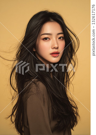 A portrait of shiny black hair flowing dynamically A portrait of shiny black hair flowing dynamically 132617176