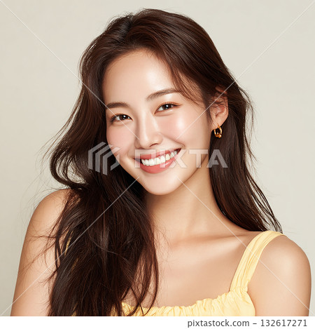 A smiling, fresh-looking female model wearing yellow clothes 132617271