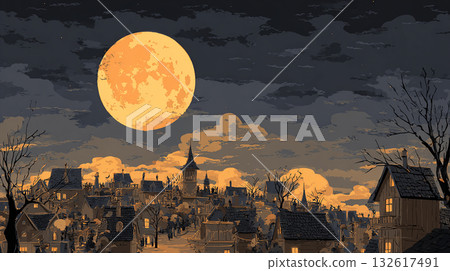 一幅黑暗、奇幻般的夜景，表面質感粗糙。 132617491