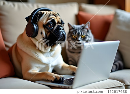 cat and pug dog near laptop and blurred pillows on bed cat and pug dog near laptop and blurred pillows on bed 132617688