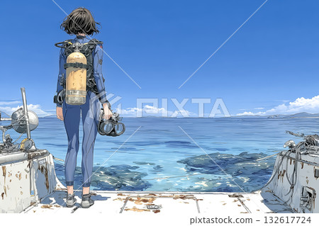 一名女潛水員望著大海，準備潛水。後視圖 132617724