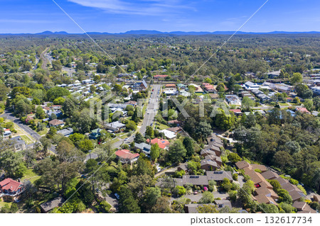 Aerial view of houses in the Blue Mountains town in Springwood 132617734
