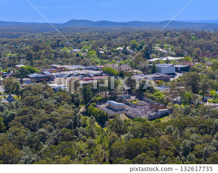 Aerial view of houses in the Blue Mountains town in Springwood 132617735