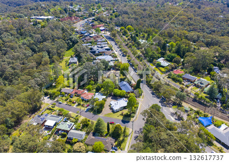 Aerial view of houses in the Blue Mountains town in Springwood Aerial view of houses in the Blue Mountains town in Springwood 132617737