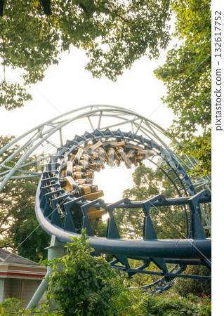 A rolling roller coaster, an amusement park roller coaster carrying passengers A rolling roller coaster, an amusement park roller coaster carrying passengers 132617752