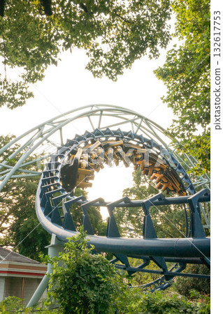 A rolling roller coaster, an amusement park roller coaster carrying passengers A rolling roller coaster, an amusement park roller coaster carrying passengers 132617753