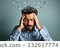 stressed man and background explosion 132617774
