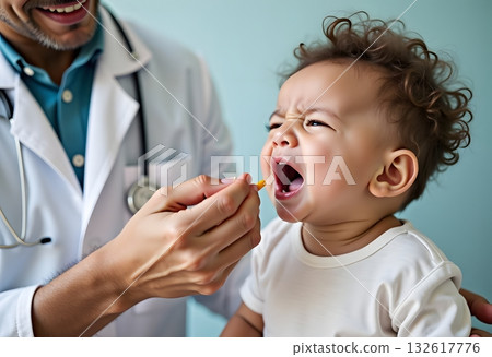 Closeup of giving vaccine to newborn baby boy from eyedropper or syringe. Concept of babies and newborn vaccination and giving vitamins. Caring parents with little children Closeup of giving vaccine to newborn baby boy from eyedropper or syringe. Concept of babies and newborn vaccination and giving vitamins. Caring parents with little children 132617776