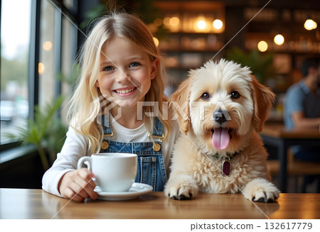 Pretty smiling girl with small dog in her arms sitting at table in restaurant with cup of coffee. Woman with dark hair in cafe with pet on dark background. Pretty smiling girl with small dog in her arms sitting at table in restaurant with cup of coffee. Woman with dark hair in cafe with pet on dark background. 132617779