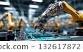 Industrial automation robotic teamwork working with circuit board on smart factory,. Industry  AI, robot work instead of human on future concept 132617872