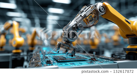 Industrial automation robotic teamwork working with circuit board on smart factory,. Industry  AI, robot work instead of human on future concept 132617872