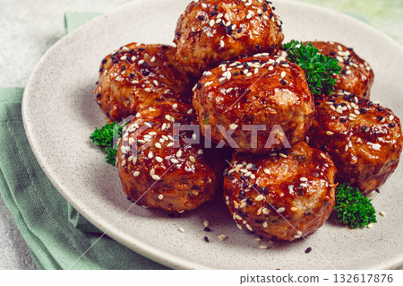 Tsukune, Japanese meatballs, minced chicken, fried on a skewer, with yakitori sauce, homemade, no people, 132617876