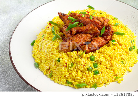 crispy chicken fillet in soy sauce, with fried rice, homemade, no people, 132617883