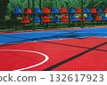 Bright basketball court with colorful seating in a sunlit outdoor setting 132617923