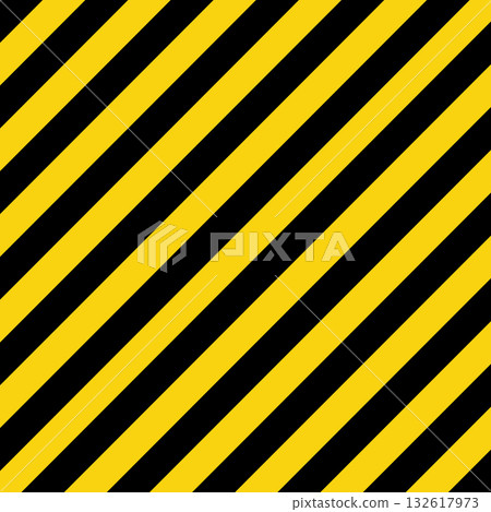 Warning sign with yellow and black diagonal lines. Attention, danger or caution symbol. Construction site signage, road safety notice, hazard banner, security alert shield. Vector illustration 132617973