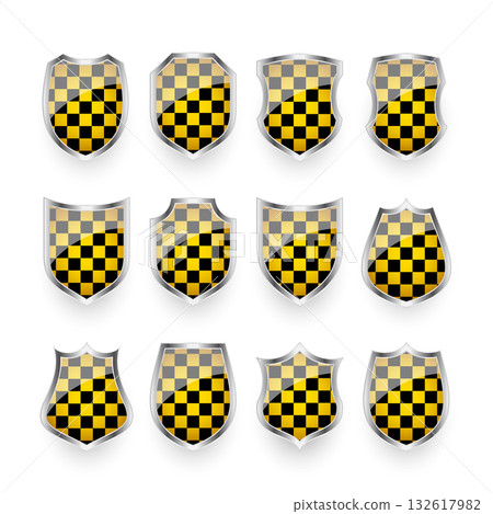 Glossy shields with yellow and black pattern. Security and protection concept. Cyber safety icons, internet privacy, web defense, digital data protection and antivirus themes. Vector illustration 132617982