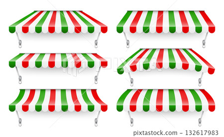 Shop sunshade with metal holder. Realistic striped cafe awning. Outdoor market tent. Roof canopy in Italian flag colors. Summer street store. Vector illustration 132617983