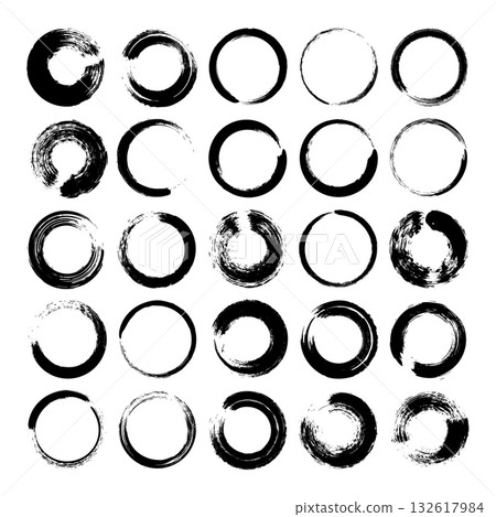 Grunge circles, brush strokes, lines, ink smudges, hand-drawn scribble shapes. Handmade sketchy marks, acrylic stains, charcoal streaks. Paint textures, dry brush effect. Vector illustration 132617984