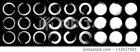 Grunge circles, brush strokes, lines, ink smudges, hand-drawn scribble shapes. Handmade sketchy marks, acrylic stains, charcoal streaks. Paint textures, dry brush effect. Vector illustration 132617985