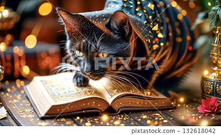 A magical cat tells fortunes on a Magic Book from the wizard's room, cyclic video A magical cat tells fortunes on a Magic Book from the wizard's room, cyclic video 132618042