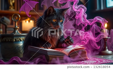 A magical cat tells fortunes on a Magic Book from the wizard's room, cyclic video 132618054