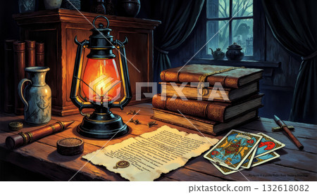 Magic book and tarot cards, fortune telling on Halloween night 132618082
