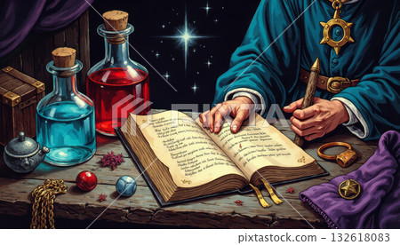 Magic book and tarot cards, fortune telling on Halloween night 132618083