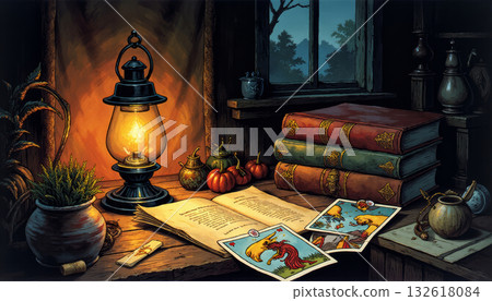 Magic book and tarot cards, fortune telling on Halloween night Magic book and tarot cards, fortune telling on Halloween night 132618084