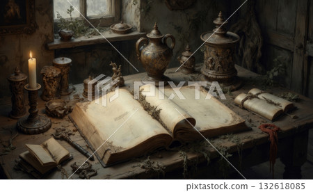 Magic book and tarot cards, fortune telling on Halloween night 132618085