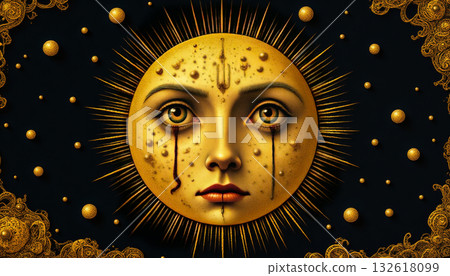 Ominous Crying Sun Over Earth as a Harbinger of Doom, Psychedelic, Premonition, Sun with a Tear 132618099