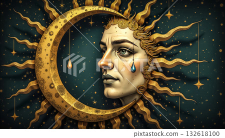 Ominous Crying Sun Over Earth as a Harbinger of Doom, Psychedelic, Premonition, Sun with a Tear 132618100