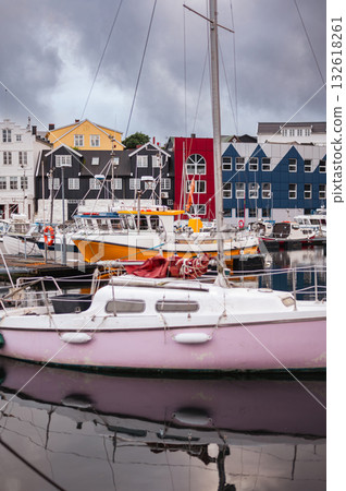 Torshawn city, the capital of The Faroe Islands, Denmark. Vestaravag harbor in Torshavn with its boats and colorful buildings. High quality photo 132618261