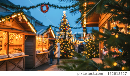Festive holiday market scene with illuminated stalls, decorated Christmas tree, and joyful atmosphere, capturing the essence of seasonal celebration 132618327