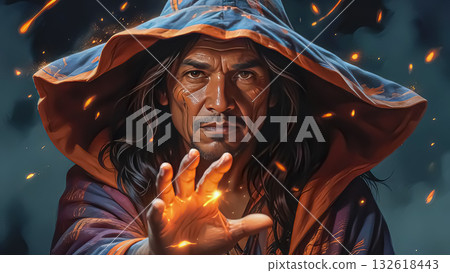 Mysterious sorcerer with piercing eyes predicts fortune and casts spells Mysterious sorcerer with piercing eyes predicts fortune and casts spells 132618443