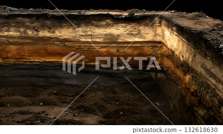 Layered Soil Profile Showing Distinct Strata and Natural Color Variation Layered Soil Profile Showing Distinct Strata and Natural Color Variation 132618630