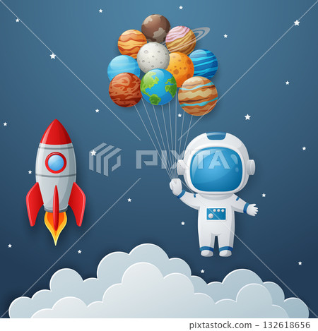 Astronaut with planets and rocket launch in universe Astronaut with planets and rocket launch in universe 132618656