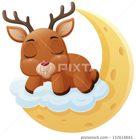 Cute reindeer cartoon sleeping on the moon 132618681