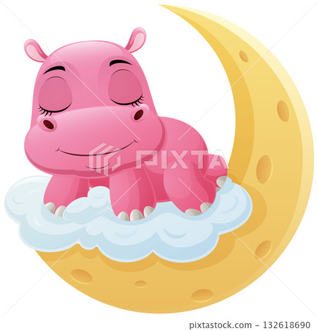 Cute hippo cartoon sleeping on the moon 132618690