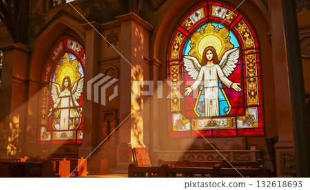 A ray of bright sun passes through the stained glass of the cathedral, as a sign of God, shimmering and shining in the glass, Catholic faith. 132618693