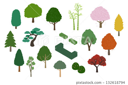Isometric illustrations: various trees and shrubs 132618794
