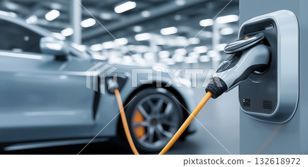 Power supply for electric car charging. Electric car charging station. Close up of the power supply plugged into an electric car being charged. 132618972