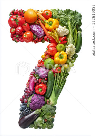 Colorful arrangement of vegetables shaped like the number seven 132619055