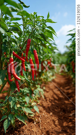 Vibrant chili pepper plants growing under a bright blue sky in a field 132619056