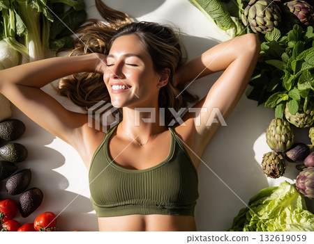 Wellness and joy radiate from a woman surrounded by fresh vegetables Wellness and joy radiate from a woman surrounded by fresh vegetables 132619059