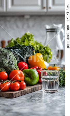 Colorful display of fresh vegetables and fruits on a kitchen counter Colorful display of fresh vegetables and fruits on a kitchen counter 132619060